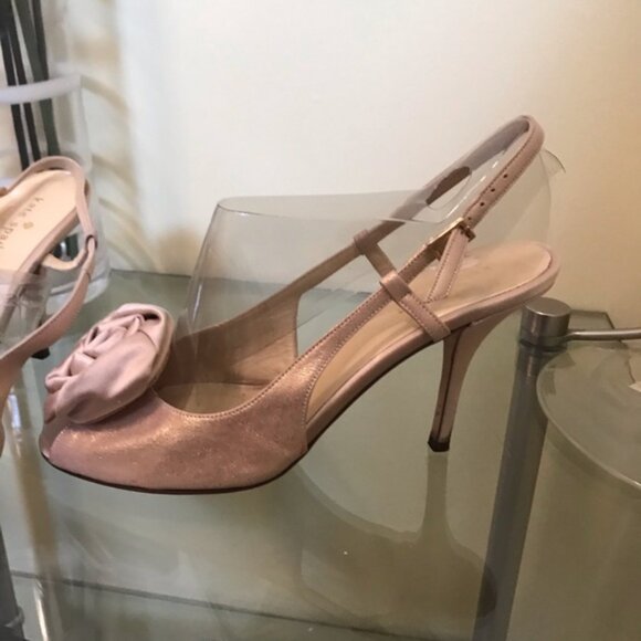 KATE SPADE Slingback Suede Rose Gold Satin Metalic Heels Sandals Bow Neutral 7.5 - Picture 3 of 11